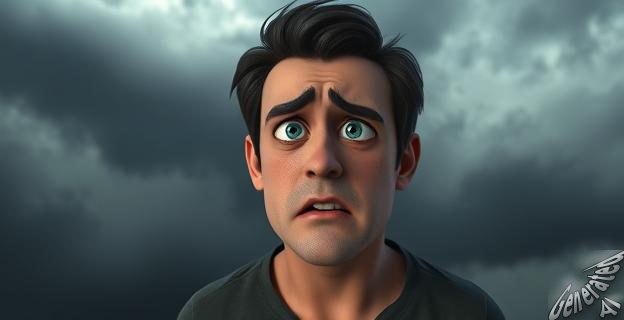 Una persona con una expresión de miedo y desesperanza en su rostro, con un fondo oscuro y tormentoso que simboliza la tormenta emocional interna.