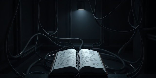 Una escena oscura y laberíntica con múltiples líneas telefónicas enredadas, formando una red compleja. En el centro, una libreta abierta con escritura ilegible, iluminada por un único foco de luz. El estilo visual debe ser neo-noir, con tonos grises y negros predominantes.  La composición debe evocar la sensación de conspiración y secretismo.