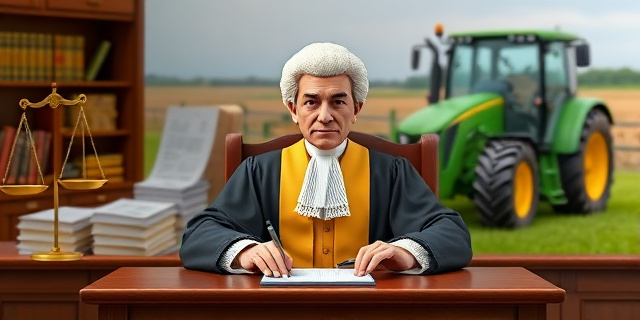 Un juez con toga y birrete sentado en un estrado, con un fondo de documentos y libros de leyes, y una imagen de un tractor o una granja al fondo, simbolizando la conexión entre la justicia y el sector agrario
