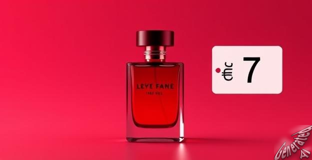 Una imagen de un frasco de perfume de 100 ml con un diseño minimalista y degradado en rojo, junto a una etiqueta de precio de 7 euros.
