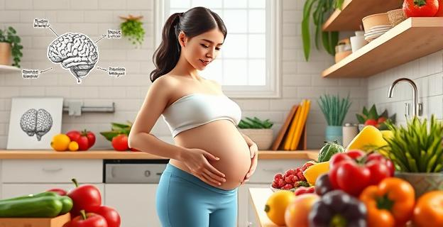 Imagen de una mujer embarazada en una cocina saludable, rodeada de frutas y verduras frescas, con un fondo de gráficos cerebrales y alimentos procesados en un segundo plano