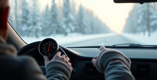 Imagen de un coche en una carretera nevada con un termómetro mostrando una temperatura baja, y un conductor ajustando la calefacción del vehículo.