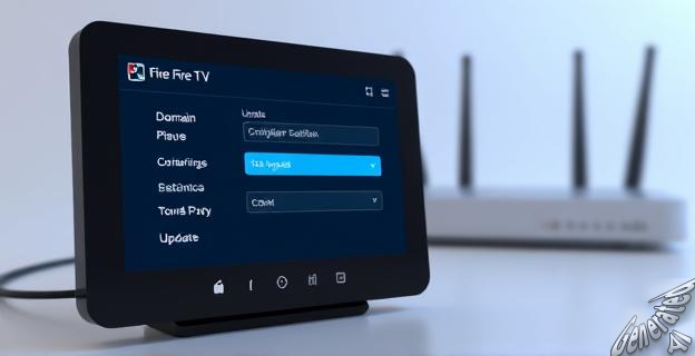 Imagen de un dispositivo Fire TV con pantalla mostrando opciones de configuración de actualización y bloqueo de dominios en un router en el fondo