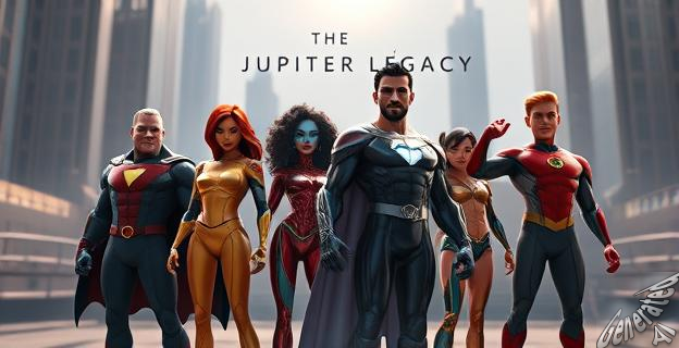 Una imagen de una familia de superhéroes con poderes sobrehumanos, con un fondo de ciudad futurista y un titular que dice 