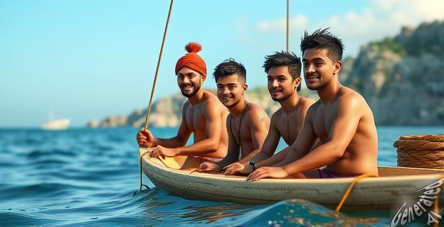 Imagen de una patera en el mar con personas a bordo, al fondo la costa española.