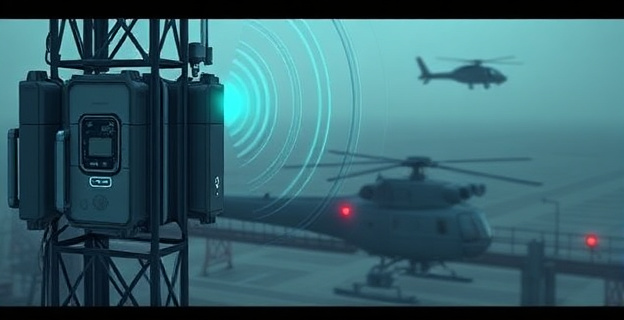 Un dispositivo tecnológico futurista que simula ser una antena de telefonía móvil, capturando señales de móviles en un entorno de alta seguridad, con un helicóptero al fondo sobrevolando una zona fronteriza.