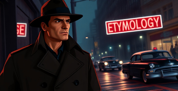 Un detective estilizado con gabardina en una calle oscura y lluviosa de una ciudad clásica. La luz de un letrero de neón que dice 