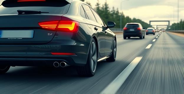 Imagen de un coche con una baliza V16 conectada en la parte trasera, estacionado en el arcén de una carretera con otros vehículos pasando a gran velocidad