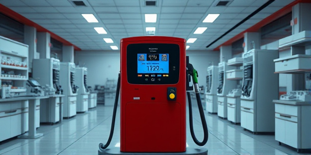 Una imagen de un surtidor de gasóleo en un centro de investigación, con un fondo de laboratorios y equipo científico. La imagen debe transmitir una sensación de corrupción y fraude.