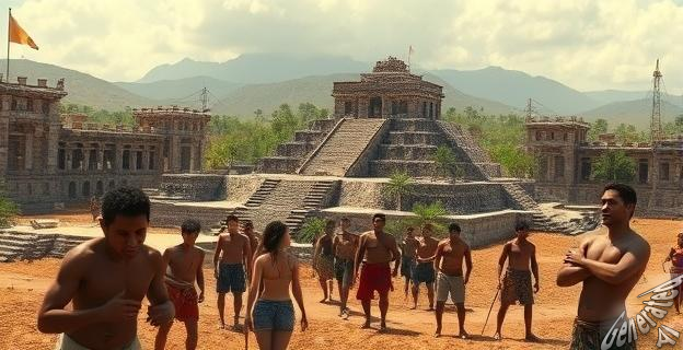 Una imagen de una ciudad maya en ruinas con una sequía extrema en el fondo, con personas mayas en primer plano mostrando signos de hambruna y desesperación.