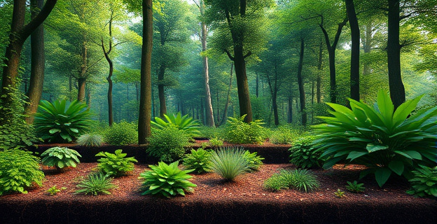 Un bosque denso y vibrante con múltiples capas de vegetación, mostrando una variedad de especies de plantas y árboles nativos, con un suelo cubierto de material orgánico.