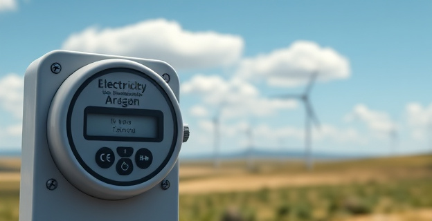 Imagen de un parque eólico en una zona rural de Aragón, con un cielo azul y nubes blancas. En primer plano, un contador de electricidad con una etiqueta de 