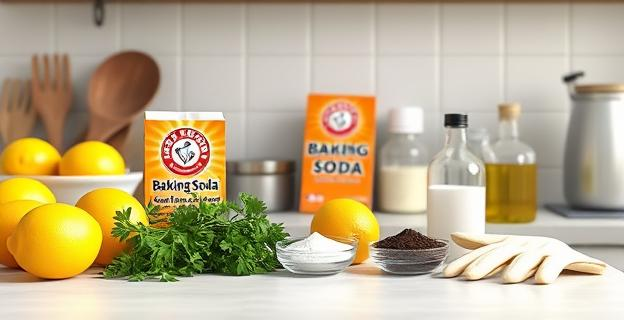 Imagen de una cocina con varios ingredientes y utensilios sobre una encimera, incluyendo limones, perejil fresco, bicarbonato, posos de café, sal, vinagre y guantes de cocina. No aparecen personas.