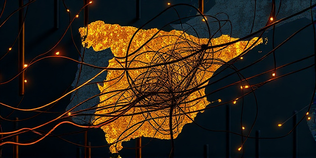 Una compleja red de cables enmarañados, con algunos cables brillantes y dorados representando el flujo de dinero, y otros cables oxidados y rotos simbolizando la corrupción. El fondo es un mapa de España con luces tenues resaltando las infraestructuras de transporte. Estilo artístico: neoexpresionismo abstracto.
