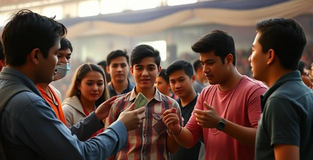 Imagen de un grupo de jóvenes de entre 20 y 30 años recibiendo dinero en un entorno de campaña electoral en Mérida, con un ambiente de tensión y controversia