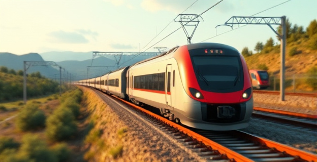 Una imagen de un tren de alta velocidad circulando por una vía férrea con un paisaje español al fondo, con un tono de alerta y precaución en la atmósfera.