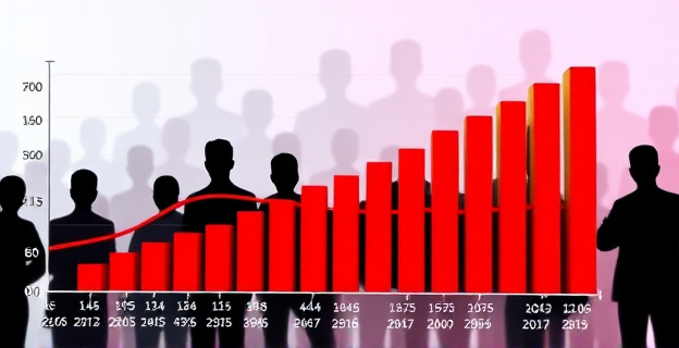 Una imagen que represente la estadística creciente de delitos sexuales cometidos por extranjeros en España, con un gráfico de barras que muestra el aumento año tras año y siluetas de personas en un segundo plano representando la diversidad de nacionalidades.