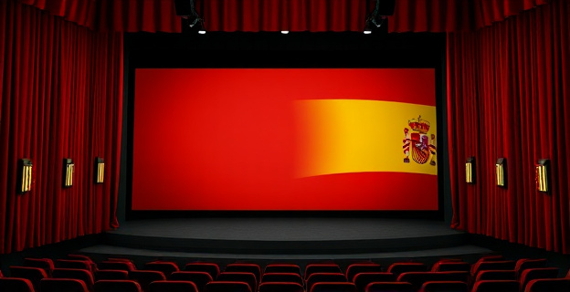 Una pantalla de cine vacía con una bandera española en el telón de fondo, simbolizando el declive de la industria cinematográfica española.