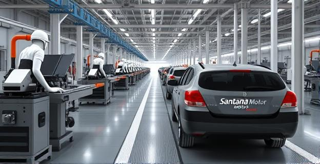 Imagen de una planta industrial con máquinas y trabajadores produciendo vehículos en una cadena de montaje con el logotipo de Santana Motor en las unidades producidas.