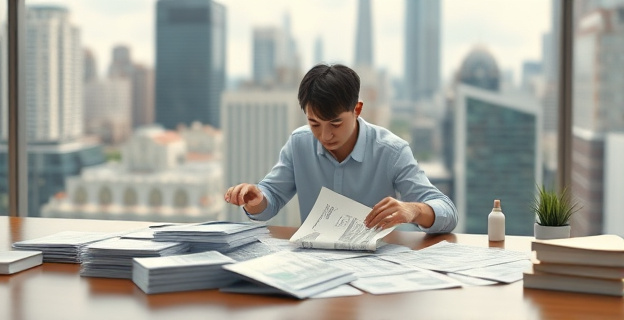 Una imagen de una persona organizando papeles y facturas en una mesa, con un fondo de una ciudad próspera