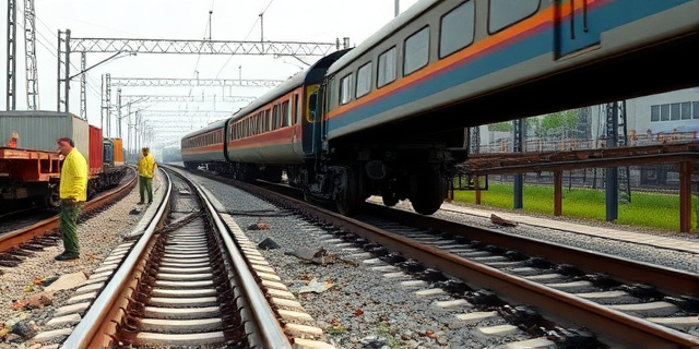 Una imagen de un tren descarrilado en una vía férrea, con restos de escombros y personas afligidas en el fondo.