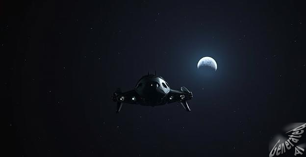 Una imagen oscura y futurista de una nave espacial viajando por el espacio profundo con un planeta distante en el horizonte