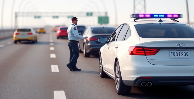 Imagen de un coche blanco siendo detenido por un agente de policía en una carretera concurrida, con otros coches de diferentes colores al fondo.
