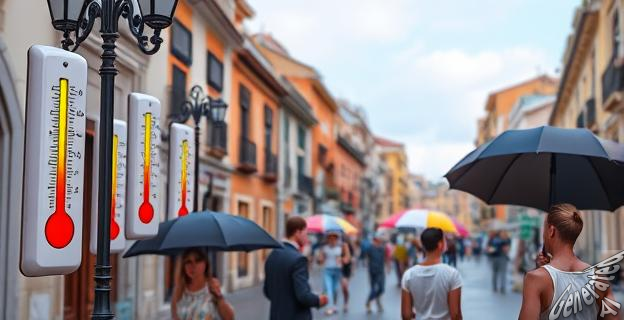 Una imagen de una ciudad española con termómetros que muestran temperaturas extremadamente altas, con personas caminando por la calle con sombrillas y botellas de agua