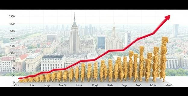 Una representación visual de un gráfico que muestra el aumento de la población extranjera en España, con un fondo que sugiere crecimiento y movimiento hacia una ciudad grande como Madrid o Barcelona.