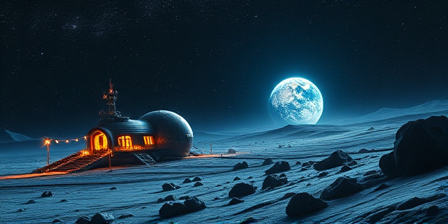 Una representación artística futurista de una base lunar china iluminada por la Tierra. Tonos fríos y metálicos, con detalles de tecnología avanzada y módulos habitables. El paisaje lunar debe ser accidentado y rocoso, con un cielo estrellado profundo y vibrante. Estilo: arte conceptual, ciencia ficción, alta resolución.
