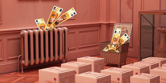Una ilustración satírica y conceptual de un ático lujoso donde los objetos cotidianos están hechos de billetes de euro. Un radiador que emite billetes en lugar de calor, una caja de vasos llena de dinero y sobres con caracteres chinos sobre un mármol elegante. Estilo editorial de revista, colores contrastados, atmósfera de ironía y opulencia oculta.