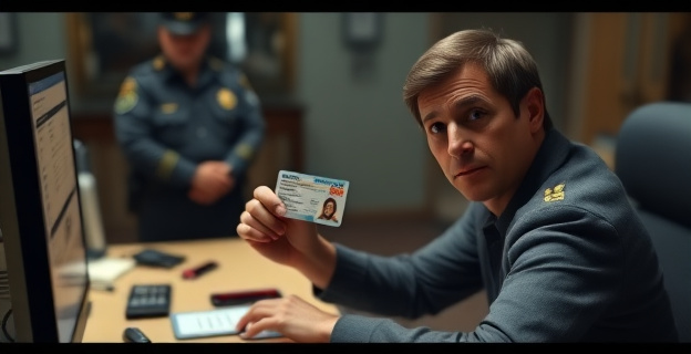 Una persona sospechosa sentada frente a una mesa con un ordenador y varios teléfonos móviles mientras sostiene un DNI falso. Al fondo, una imagen borrosa de un agente de la Guardia Civil.