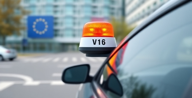 Imagen de un coche con una baliza V16 en un entorno urbano, con un fondo difuminado que muestra un edificio institucional representando la Comisión Europea, y un primer plano con un conductor recibiendo una multa.
