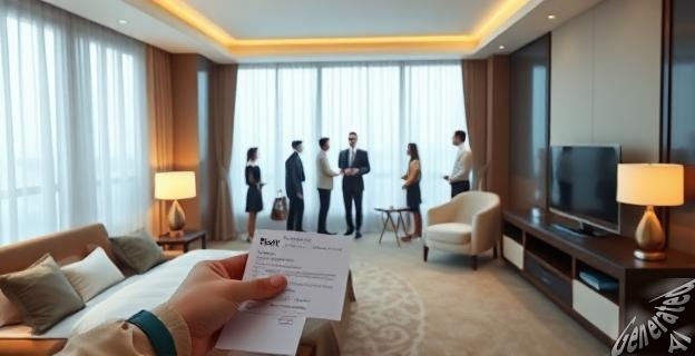 Imagen de una suite de hotel con varias personas y una factura de hotel en la mano