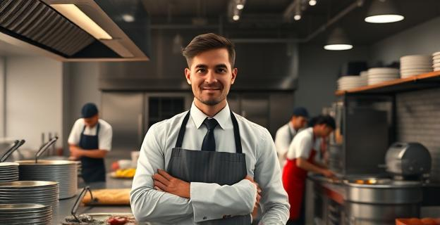 Un empresario hostelero en una cocina comercial con trabajadores de diferentes etnias trabajando en un ambiente de explotación laboral