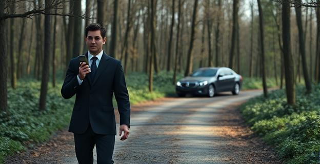 Un hombre con traje caminando solo por un camino en un área boscosa, con un teléfono móvil básico en la mano. Al fondo, un coche oficial aparcado discretamente. La escena transmite secretismo y precaución.