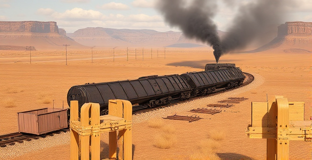 Imagen de un tren descarrilado en un paisaje desolado, con restos de vagones esparcidos y humo en el aire