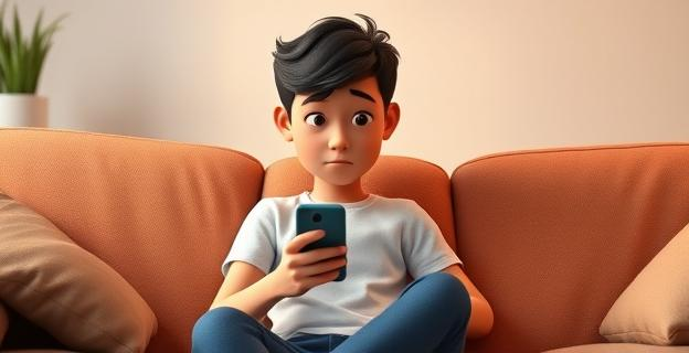 Una persona joven sentada en un sofá, con un teléfono móvil en la mano, mirando la pantalla con una expresión de indecisión, con audios de WhatsApp en la pantalla