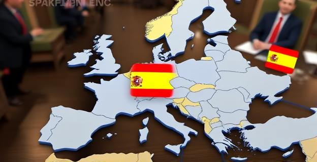 Imagen de un mapa de Europa con España resaltada y banderas de la UE y España. Documentos oficiales y una mesa de negociaciones en el fondo.
