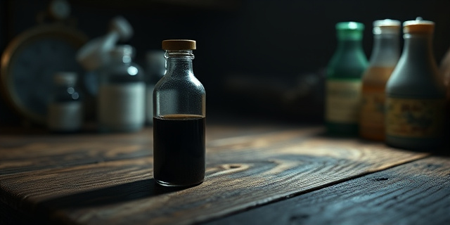 Un frasco de vidrio transparente sin etiqueta, lleno de una sustancia negra y sin olor, está colocado sobre una mesa de madera rústica. Alrededor, se ven una serie de botellas de cremas y ungüentos con frascos de colores pastel. La iluminación tenue crea sombras que sugieren una escena de intriga y misterio, sin mostrar rostros ni identificar personajes.