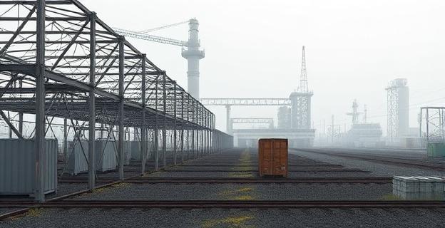 Una granja industrial abandonada con estructuras metálicas y contenedores vacíos en un paisaje industrial gris y desolado