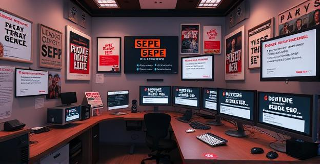 Oficina del SEPE con carteles de protesta y pantallas mostrando mensajes de error por colapso del sistema informático