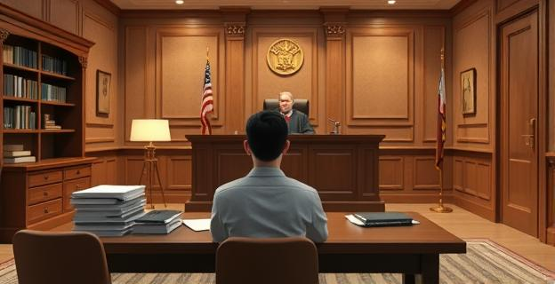 Una oficina del SEPE con una persona sentada en una mesa con papeles y un juez de fondo con una toga y un martillo