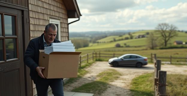 Un hombre saca cajas de documentos de una casa en un pueblo rodeado de campos. Al fondo se ve un coche aparcado y un paisaje rural. La escena sugiere sigilo y secretismo.