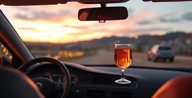 Imagen de un coche en una carretera con un vaso de alcohol en el asiento del conductor, con un fondo de luces de Navidad y un paisaje de Baleares al atardecer