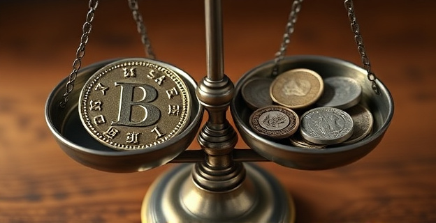 Una balanza con una moneda española en un platillo y varias monedas europeas en el otro, con una balanza inclinada hacia la moneda española.