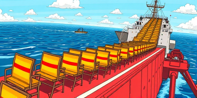Una ilustración satírica y conceptual que muestra una fila interminable de sillas de bar típicas españolas cruzando el estrecho de Gibraltar en un barco de carga, estilo caricatura editorial, colores vibrantes, atmósfera irónica.