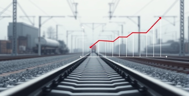 Una imagen de una vía férrea con un tren en el horizonte, mientras al fondo se ve un gráfico descendente que representa la reducción del gasto en mantenimiento. La escena está bañada en una luz grisácea que refleja la seriedad del momento.