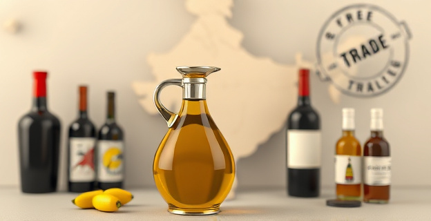 Un mapa de la India con un cántaro de aceite de oliva en primer plano, rodeado de botellas de vino y productos gourmet, con un sello de 