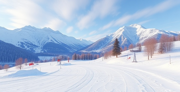 Imagen de una estación de esquí en el Pirineo aragonés con montañas nevadas y pistas de esquí vacías, representando un lugar de descanso invernal.